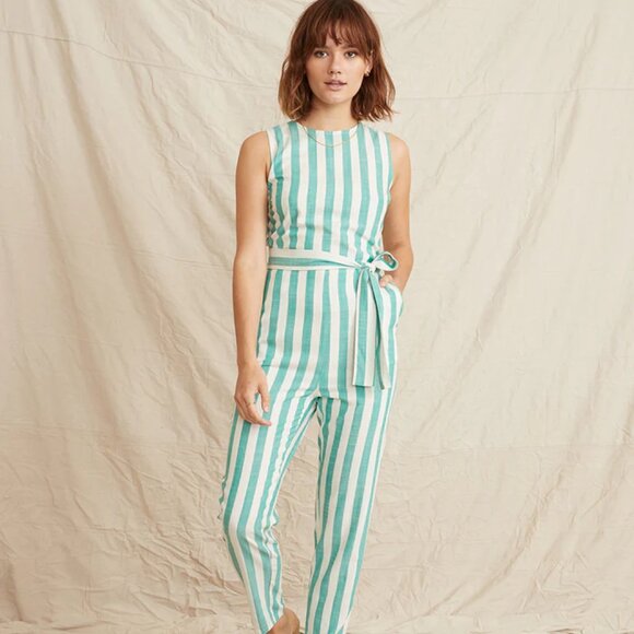 Marine Layer Pants - Marine Layer Eloise Jumpsuit in Green Lake/White Stripe (XS)